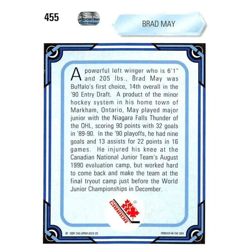 1990-91 Upper Deck #455 Brad May NM-MT RC Rookie Hockey Card - Hockey Card Single