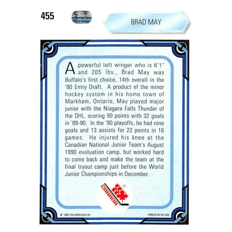 1990-91 Upper Deck #455 Brad May NM-MT RC Rookie Hockey Card - Hockey Card Single