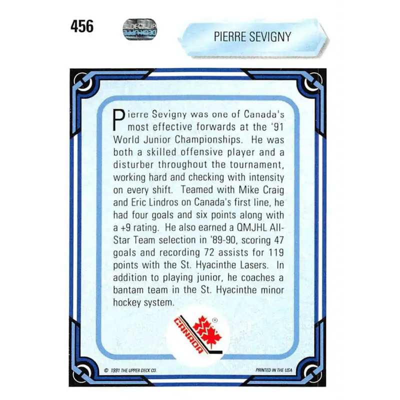 1990-91 Upper Deck #456 Pierre Sevigny NM-MT RC Rookie Hockey Card - Hockey Card Single