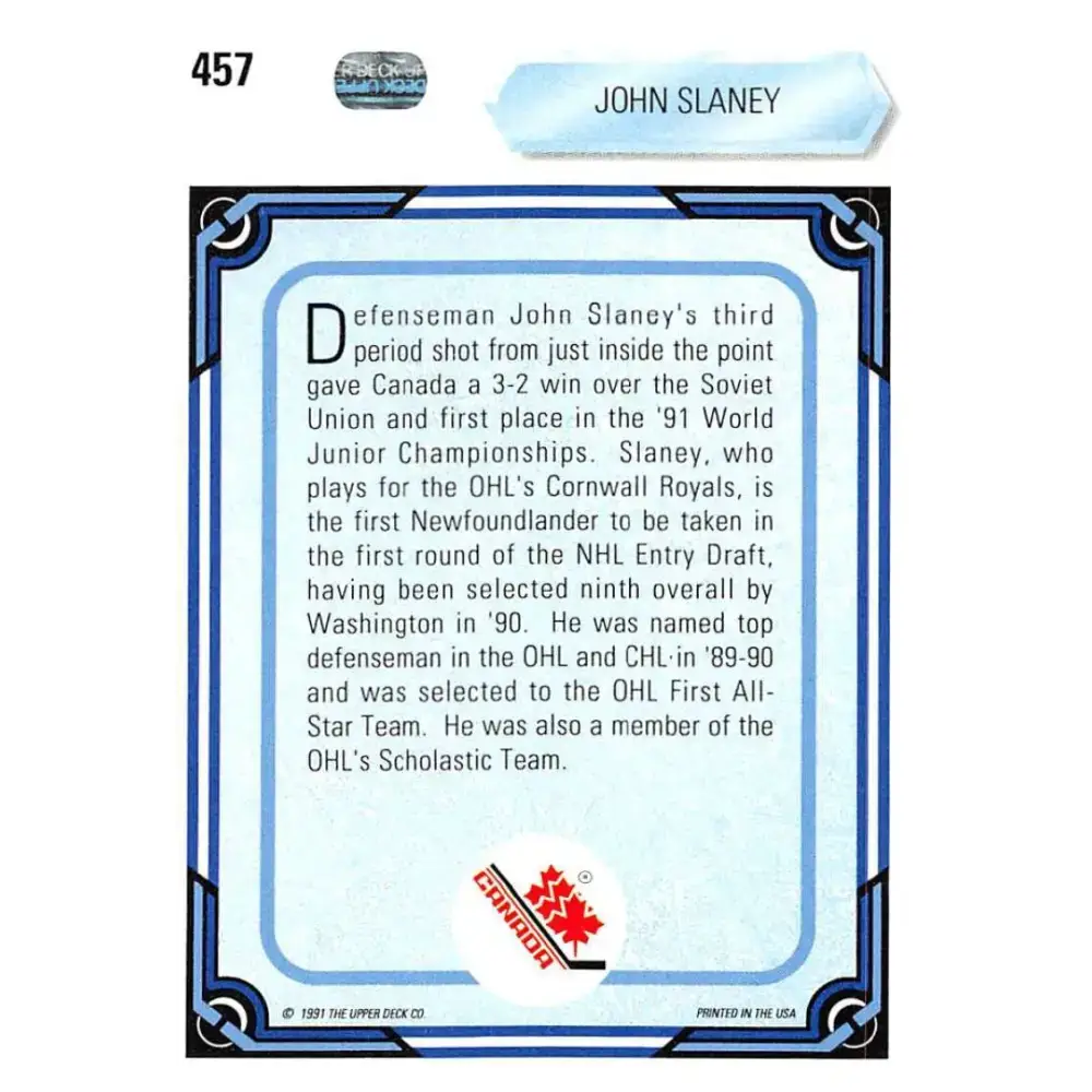 1990-91 Upper Deck #457 John Slaney NM-MT Washington Capitals Hockey Card - Hockey Card Single
