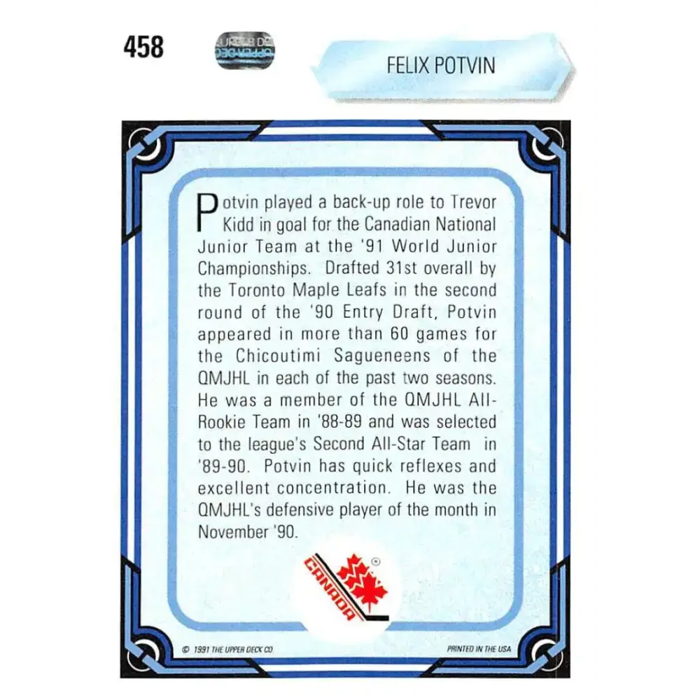 1990-91 Upper Deck #458 Felix Potvin NM-MT RC Rookie Hockey Card - Hockey Card Single