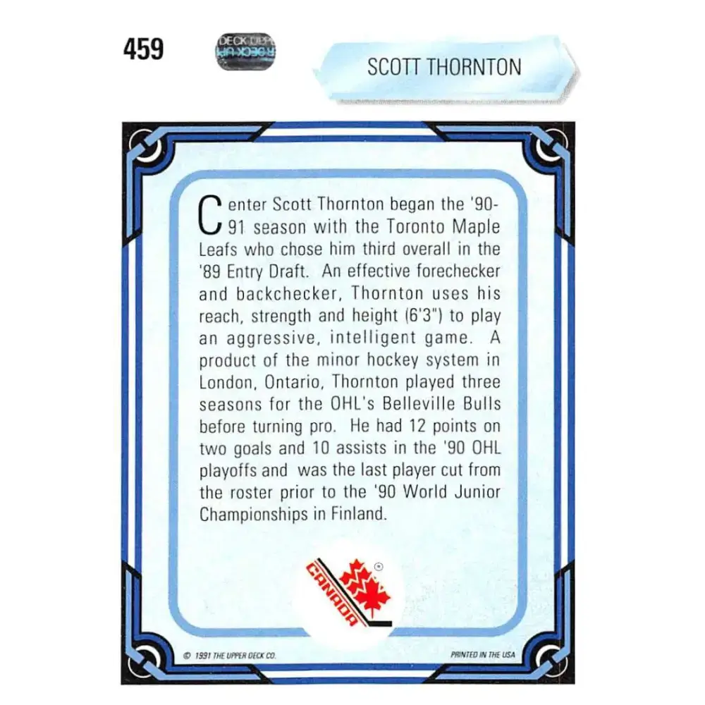 1990-91 Upper Deck #459 Scott Thornton NM-MT RC Rookie Toronto Maple Leafs Hockey Card - Hockey Card Single