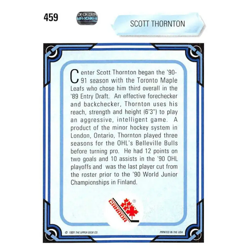 1990-91 Upper Deck #459 Scott Thornton NM-MT RC Rookie Toronto Maple Leafs Hockey Card - Hockey Card Single