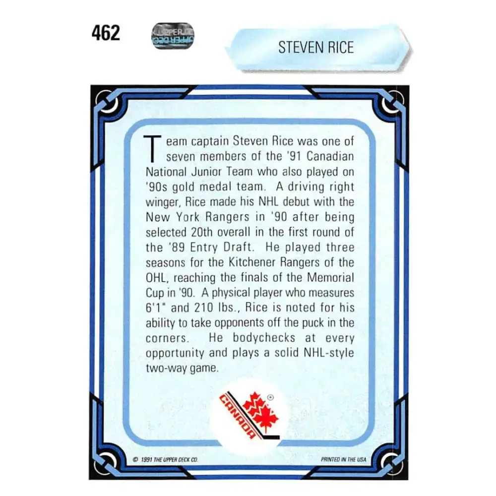 1990-91 Upper Deck #462 Steven Rice NM-MT RC Rookie New York Rangers Hockey Card - Hockey Card Single