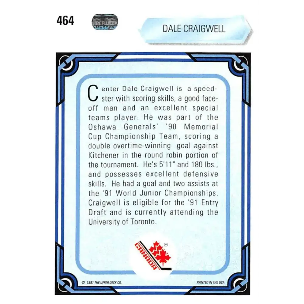 1990-91 Upper Deck #464 Dale Craigwell NM-MT RC Rookie Hockey Card - Hockey Card Single