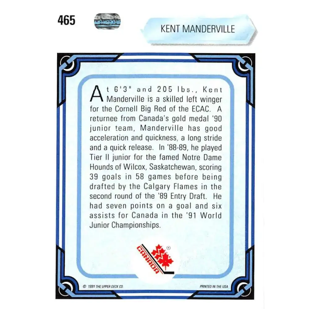 1990-91 Upper Deck #465 Kent Manderville NM-MT RC Rookie Hockey Card - Hockey Card Single