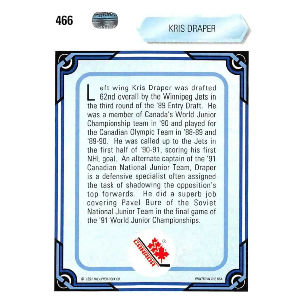 1990-91 Upper Deck #466 Kris Draper NM-MT RC Rookie Hockey Card - Hockey Card Single