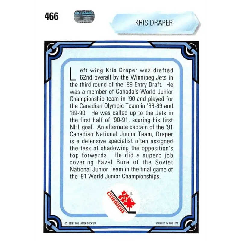1990-91 Upper Deck #466 Kris Draper NM-MT RC Rookie Hockey Card - Hockey Card Single