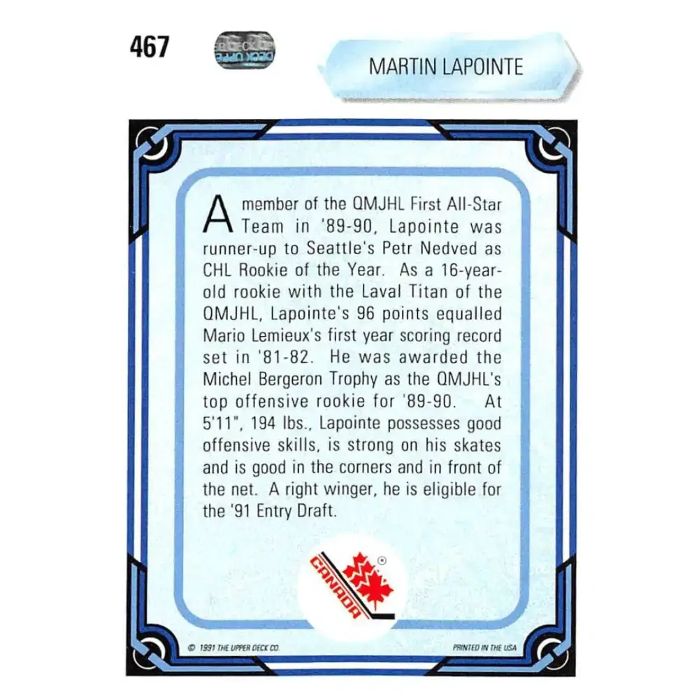 1990-91 Upper Deck #467 Martin Lapointe NM-MT RC Rookie Hockey Card - Hockey Card Single