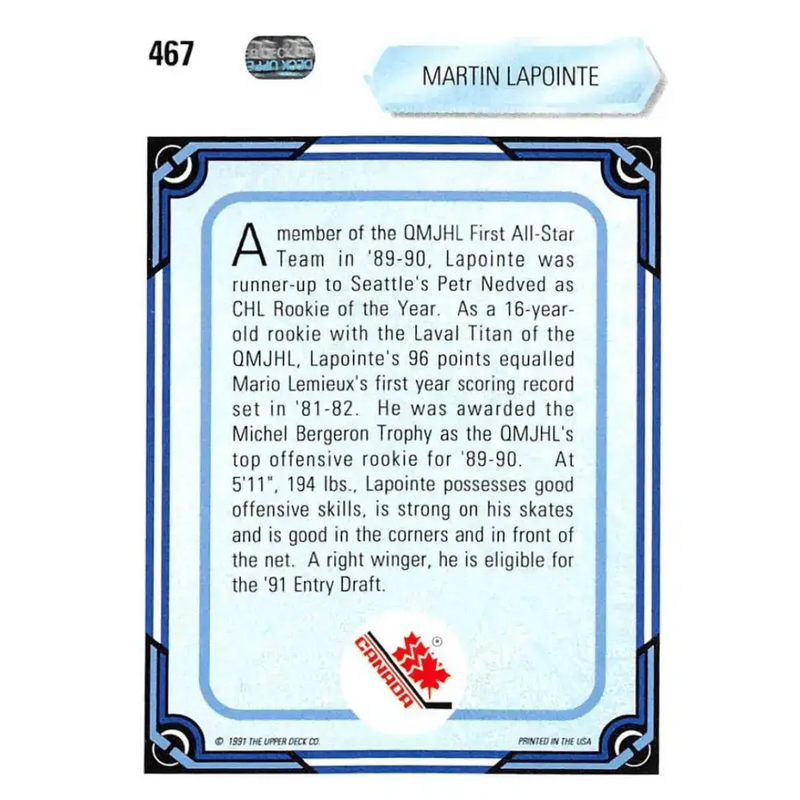 1990-91 Upper Deck #467 Martin Lapointe NM-MT RC Rookie Hockey Card - Hockey Card Single