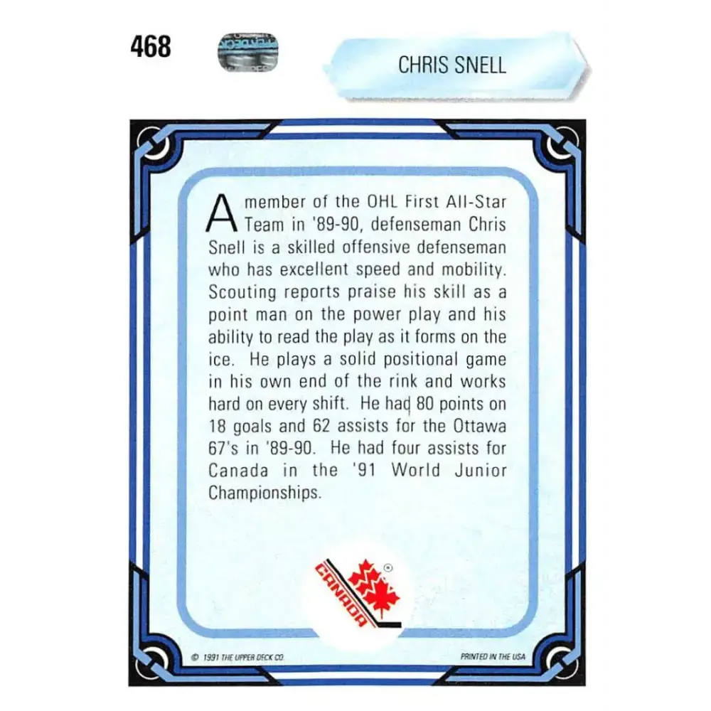 1990-91 Upper Deck #468 Chris Snell NM-MT RC Rookie Hockey Card - Hockey Card Single