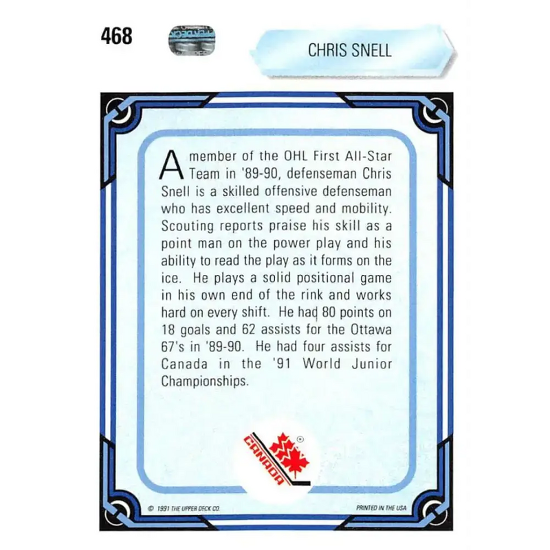 1990-91 Upper Deck #468 Chris Snell NM-MT RC Rookie Hockey Card - Hockey Card Single