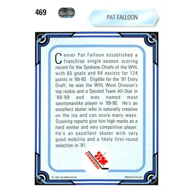 1990-91 Upper Deck #469 Pat Falloon NM-MT RC Rookie Hockey Card - Hockey Card Single