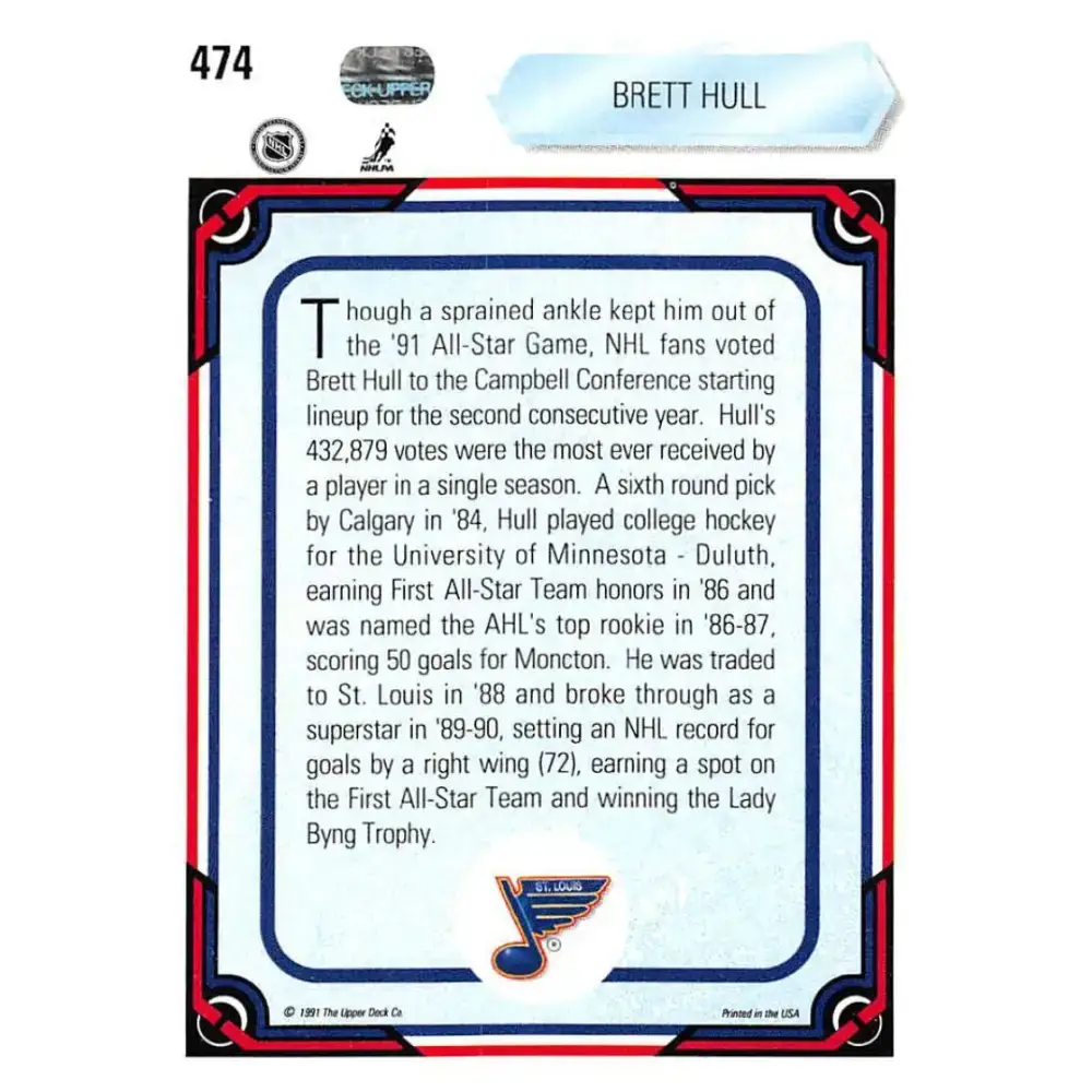 1990-91 Upper Deck #474 Brett Hull NM-MT St. Louis Blues Hockey Card