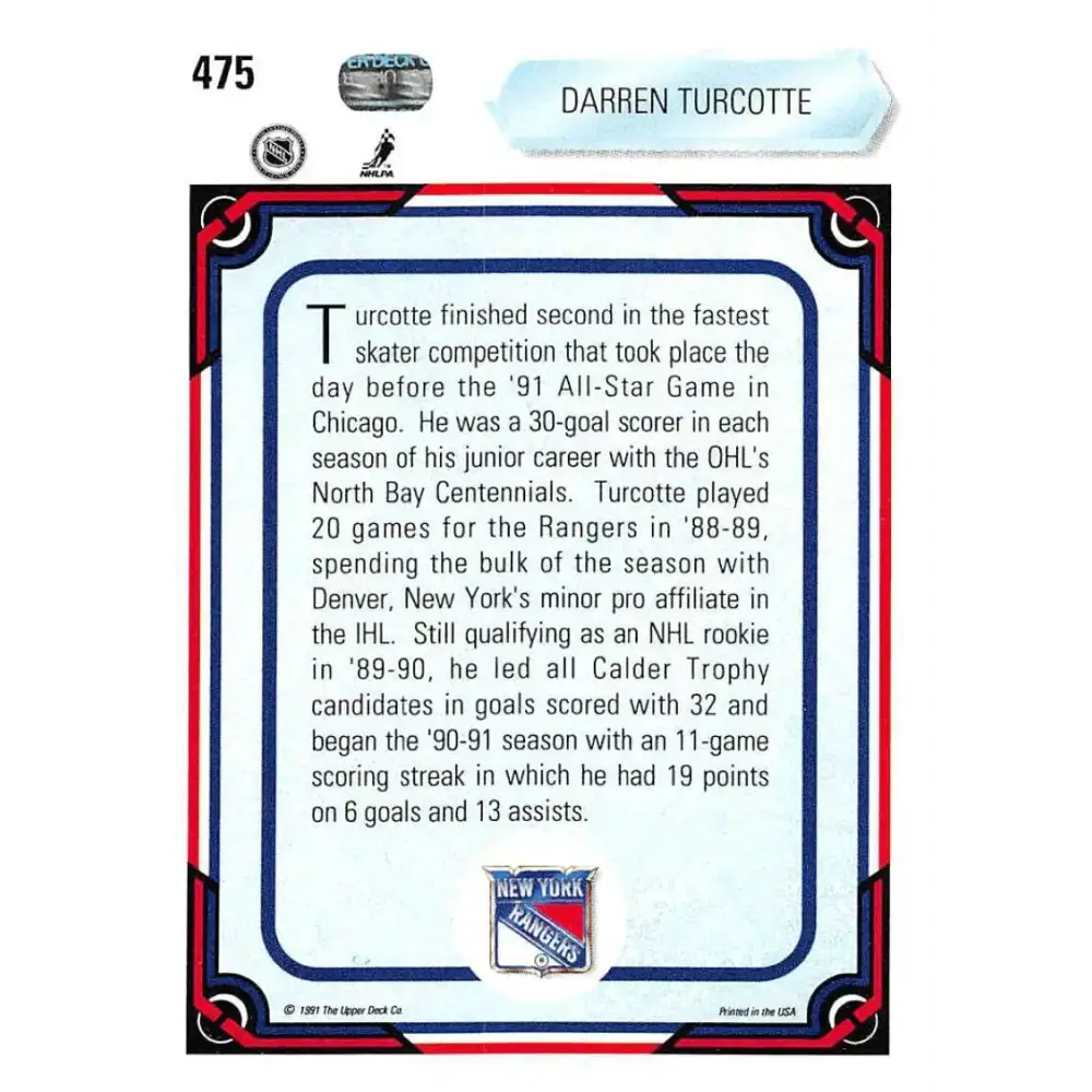 1990-91 Upper Deck #475 Darren Turcotte NM-MT New York Rangers Hockey Card - Hockey Card Single