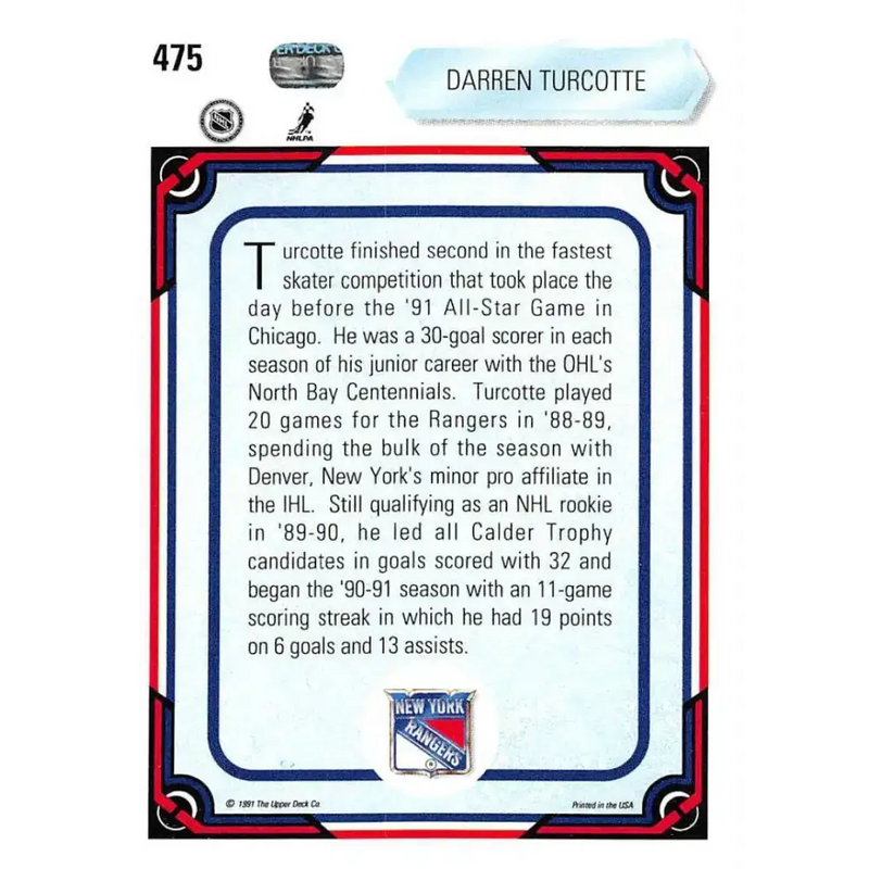 1990-91 Upper Deck #475 Darren Turcotte NM-MT New York Rangers Hockey Card - Hockey Card Single