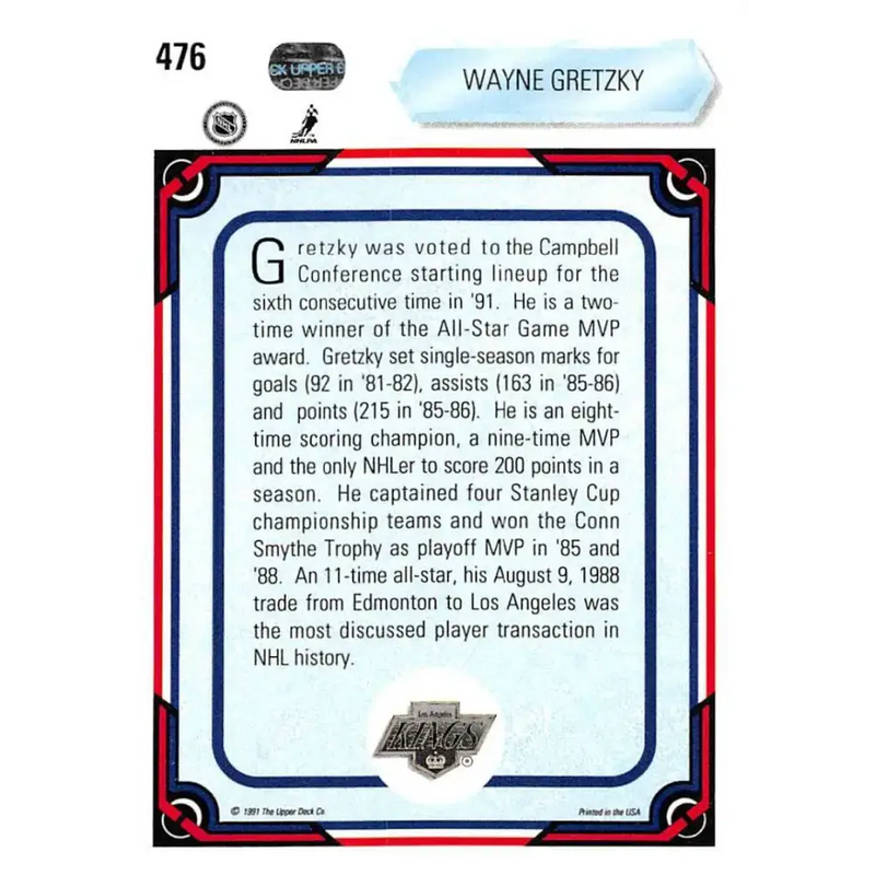 1990-91 Upper Deck #476 Wayne Gretzky NM-MT Los Angeles Kings Hockey Card - Hockey Card Single