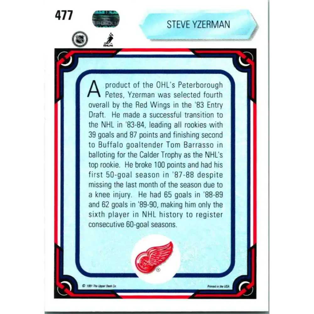 1990-91 Upper Deck #477 Steve Yzerman NM-MT Detroit Red Wings Hockey Card - Hockey Card Single