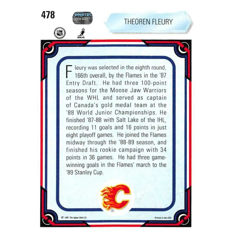 1990-91 Upper Deck #478 Theo Fleury NM-MT Calgary Flames Hockey Card - Hockey Card Single