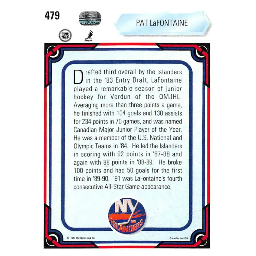 1990-91 Upper Deck #479 Pat LaFontaine NM-MT Buffalo Sabres Hockey Card - Hockey Card Single