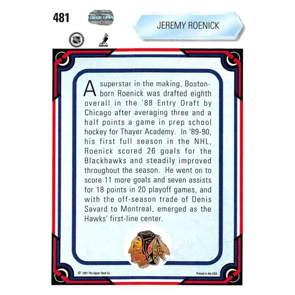 1990-91 Upper Deck #481 Jeremy Roenick NM-MT Chicago Blackhawks Hockey Card - Hockey Card Single