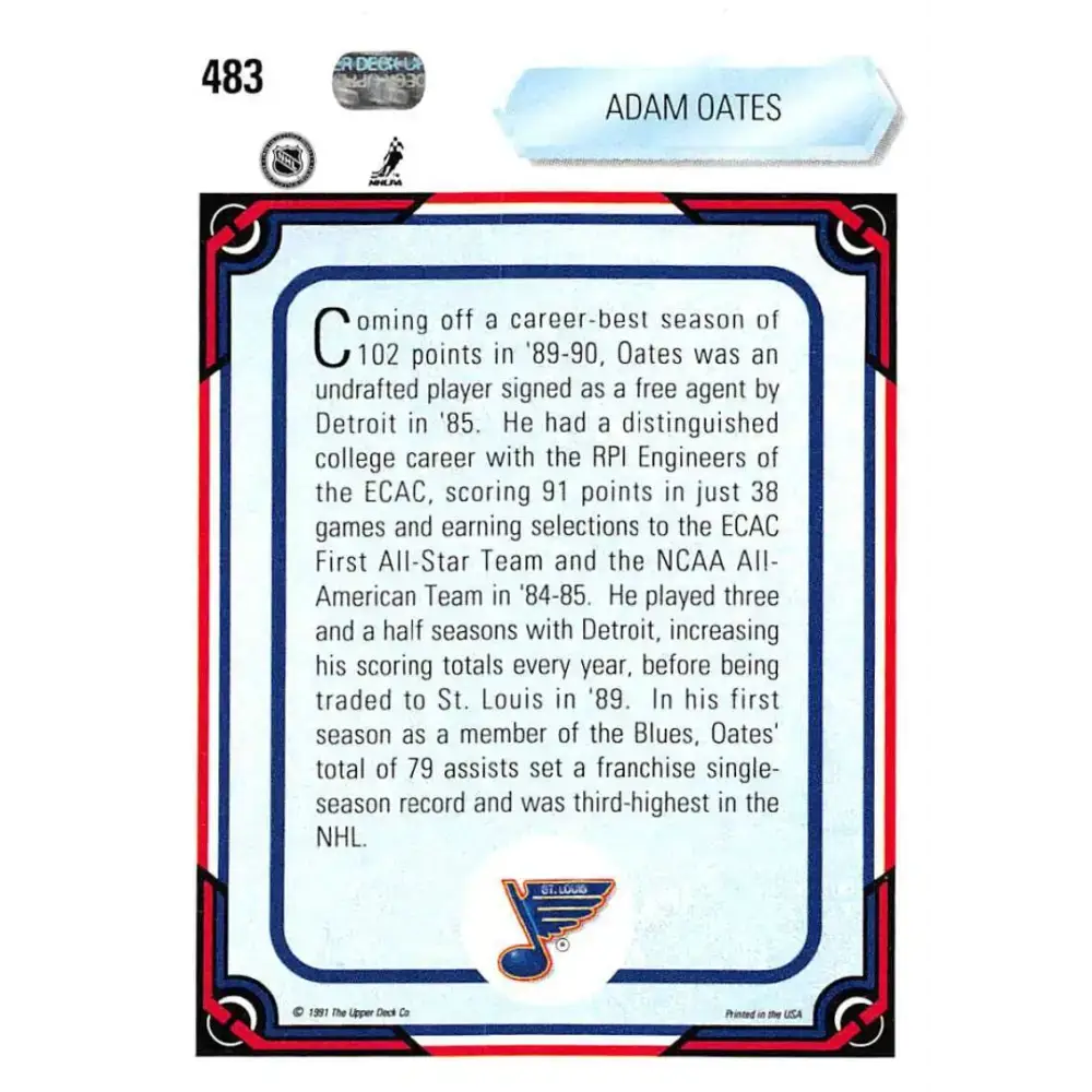 1990-91 Upper Deck #483 Adam Oates NM-MT St. Louis Blues Hockey Card - Hockey Card Single
