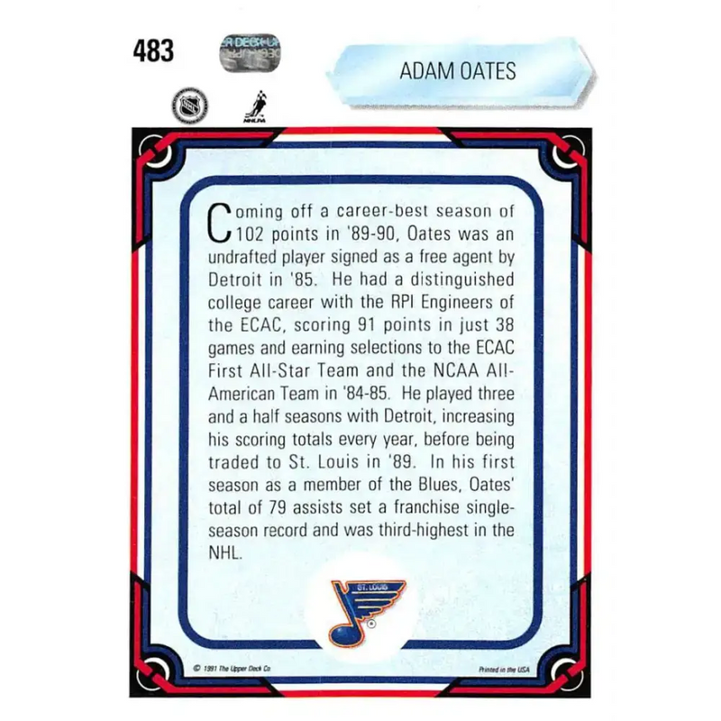 1990-91 Upper Deck #483 Adam Oates NM-MT St. Louis Blues Hockey Card - Hockey Card Single