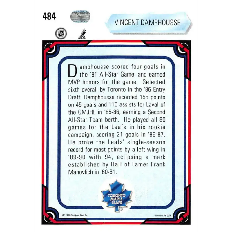 1990-91 Upper Deck #484 Vincent Damphousse NM-MT Toronto Maple Leafs Hockey Card - Hockey Card Single