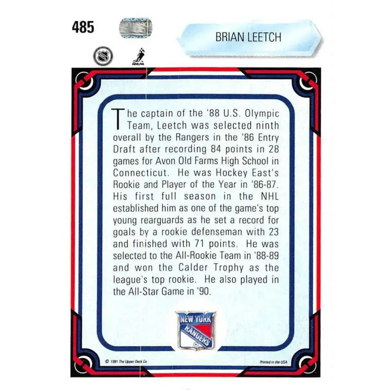 1990-91 Upper Deck #485 Brian Leetch NM-MT New York Rangers Hockey Card - Hockey Card Single