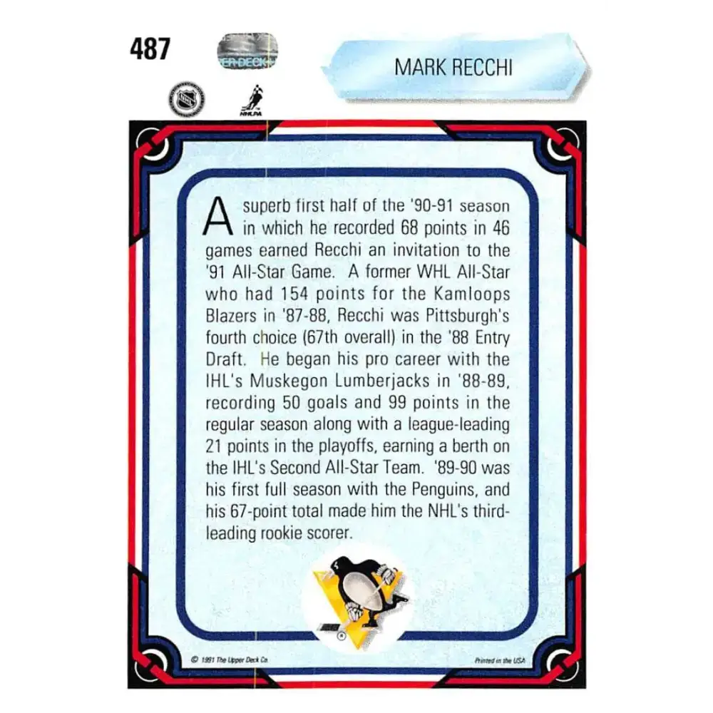 1990-91 Upper Deck #487 Mark Recchi NM-MT Pittsburgh Penguins Hockey Card - Hockey Card Single
