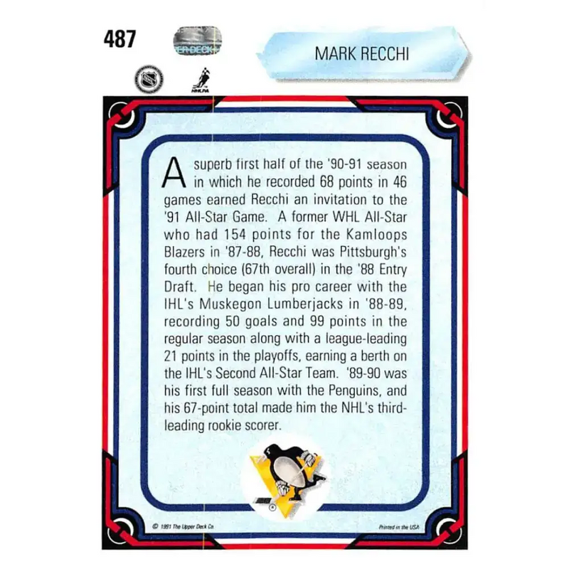 1990-91 Upper Deck #487 Mark Recchi NM-MT Pittsburgh Penguins Hockey Card - Hockey Card Single