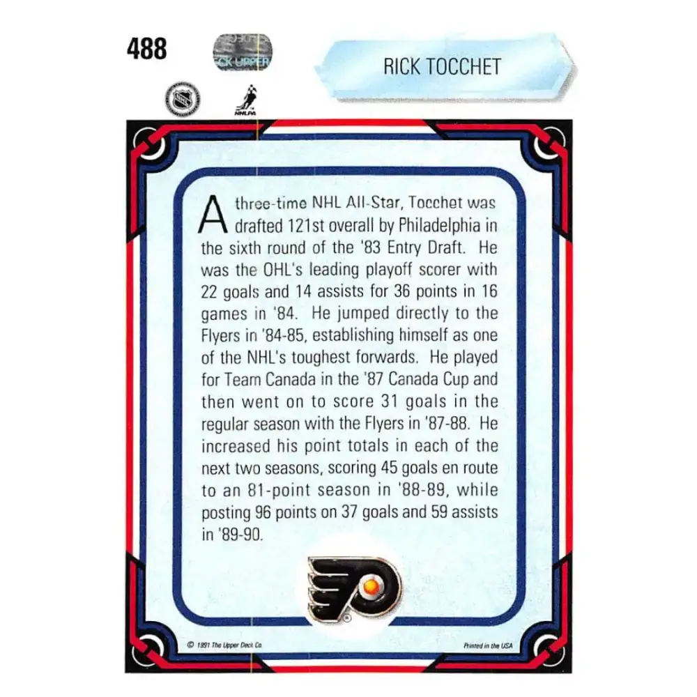 1990-91 Upper Deck #488 Rick Tocchet NM-MT Philadelphia Flyers Hockey Card - Hockey Card Single