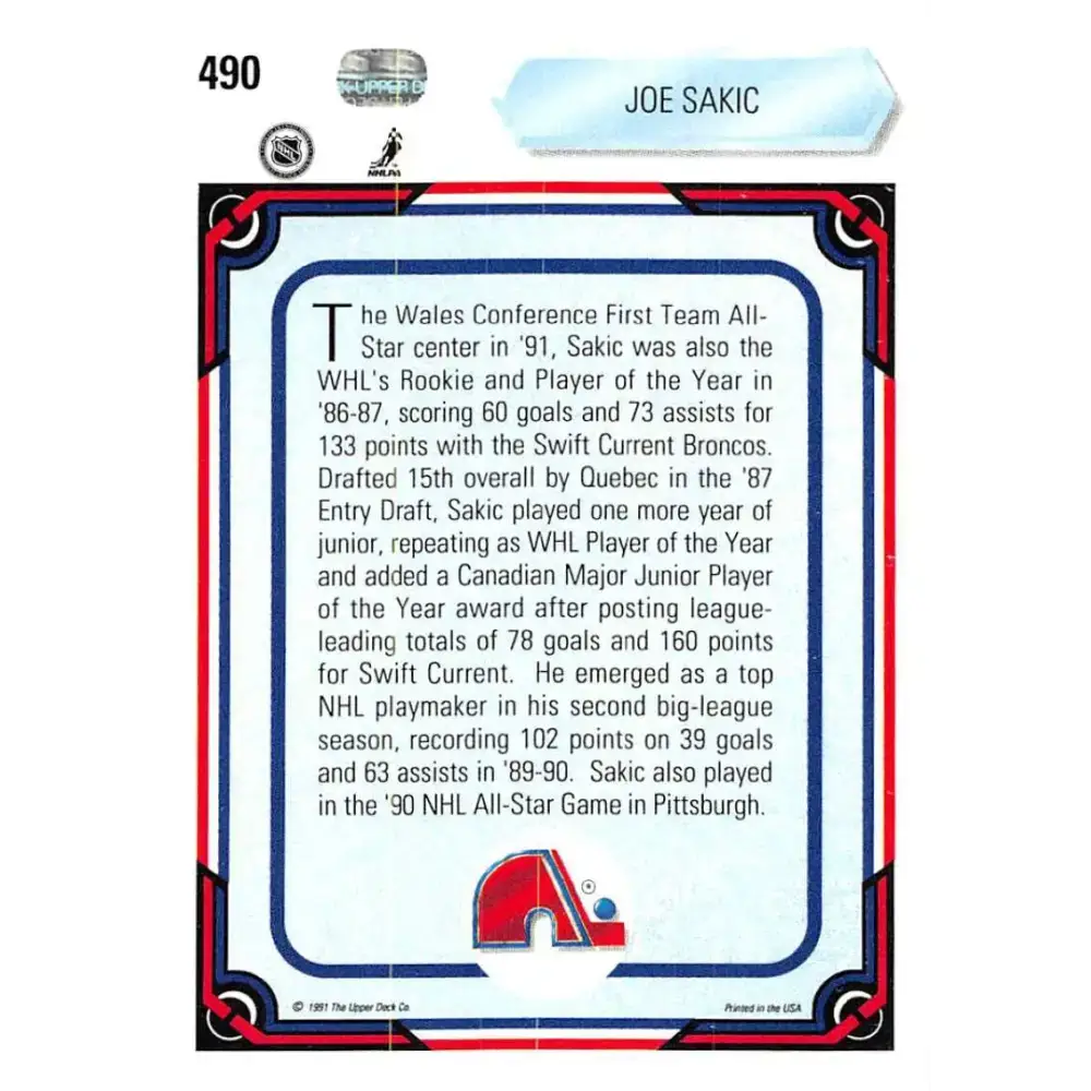 1990-91 Upper Deck #490 Joe Sakic NM-MT Hockey Card - Hockey Card Single