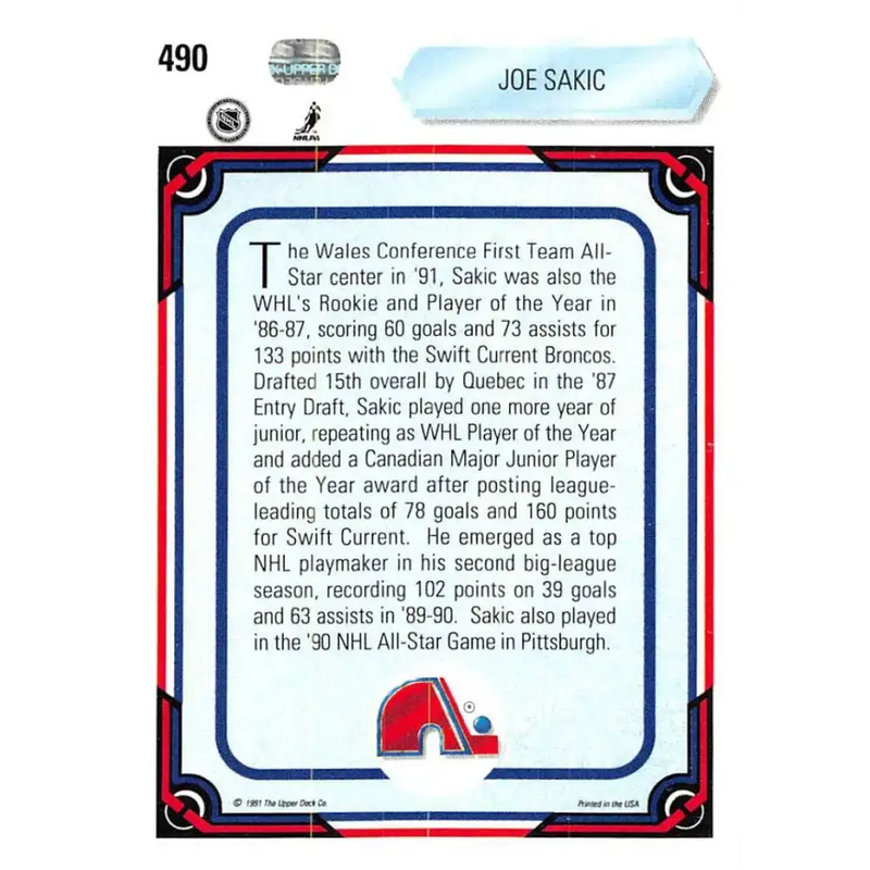 1990-91 Upper Deck #490 Joe Sakic NM-MT Hockey Card - Hockey Card Single