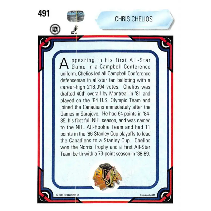 1990-91 Upper Deck #491 Chris Chelios NM-MT Montreal Canadiens Hockey Card - Hockey Card Single