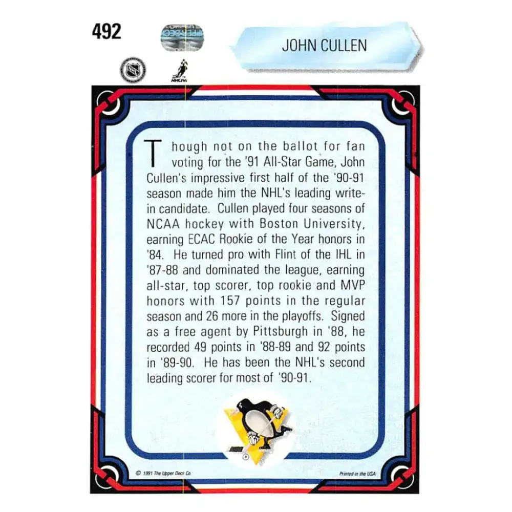 1990-91 Upper Deck #492 John Cullen NM-MT Pittsburgh Penguins Hockey Card - Hockey Card Single