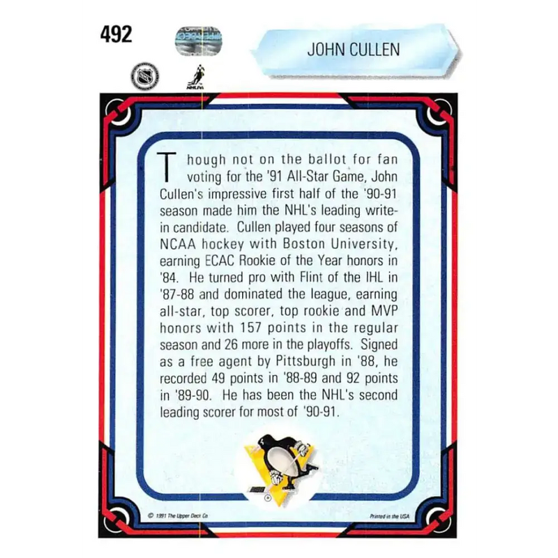 1990-91 Upper Deck #492 John Cullen NM-MT Pittsburgh Penguins Hockey Card - Hockey Card Single