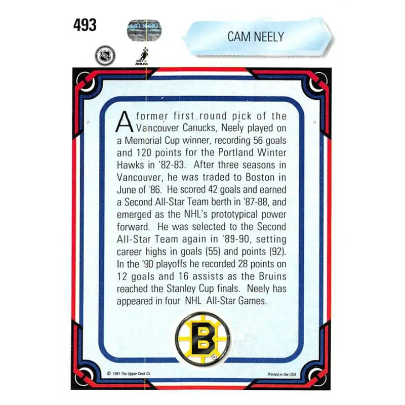 1990-91 Upper Deck #493 Cam Neely NM-MT Hockey Card - Hockey Card Single