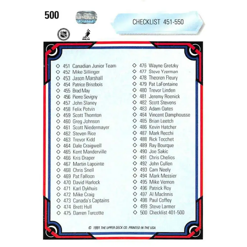 1990-91 Upper Deck #500 Checklist 401-500 NM-MT Hockey Card - Hockey Card Single