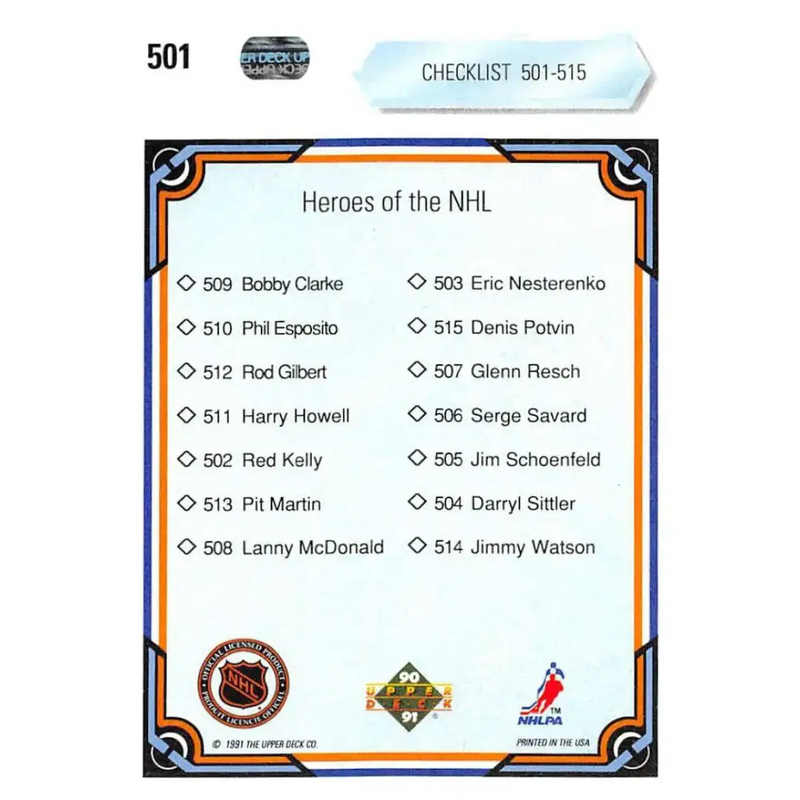 1990-91 Upper Deck #501 Heroes Checklist NM-MT Hockey Card - Hockey Card Single