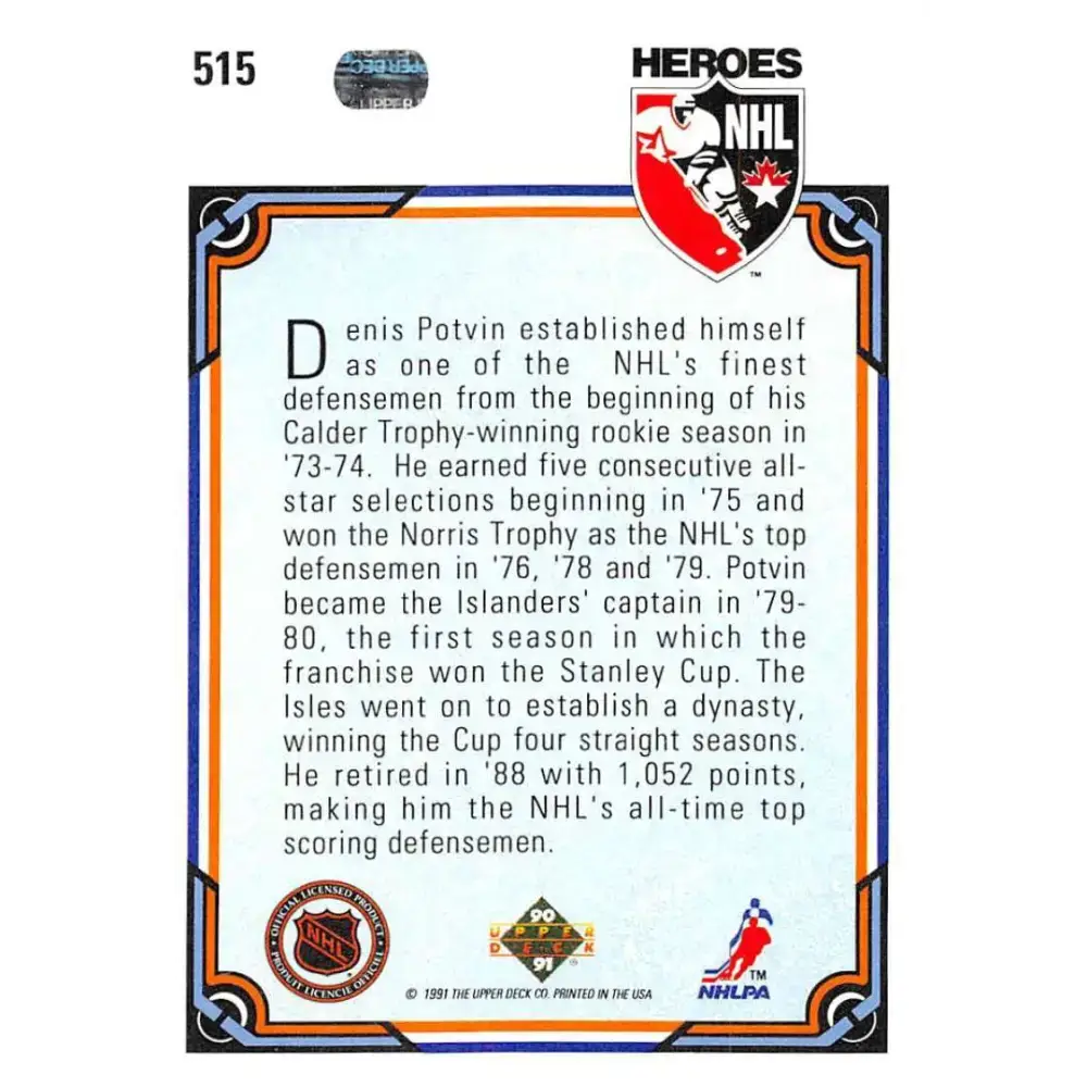 1990-91 Upper Deck #515 Denis Potvin NM-MT Hockey Card - Hockey Card Single