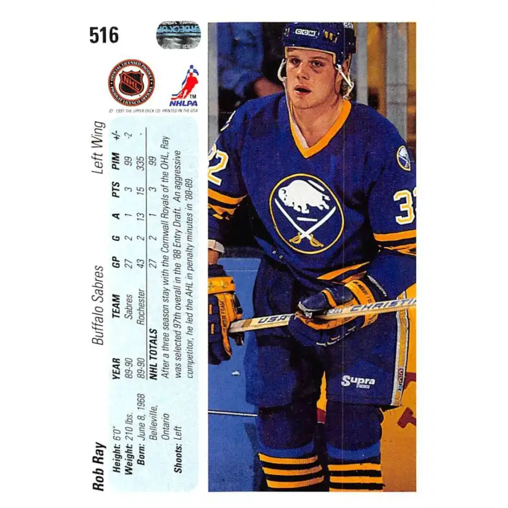 1990-91 Upper Deck #516 Robert Ray NM-MT RC Rookie Buffalo Sabres Hockey Card - Hockey Card Single