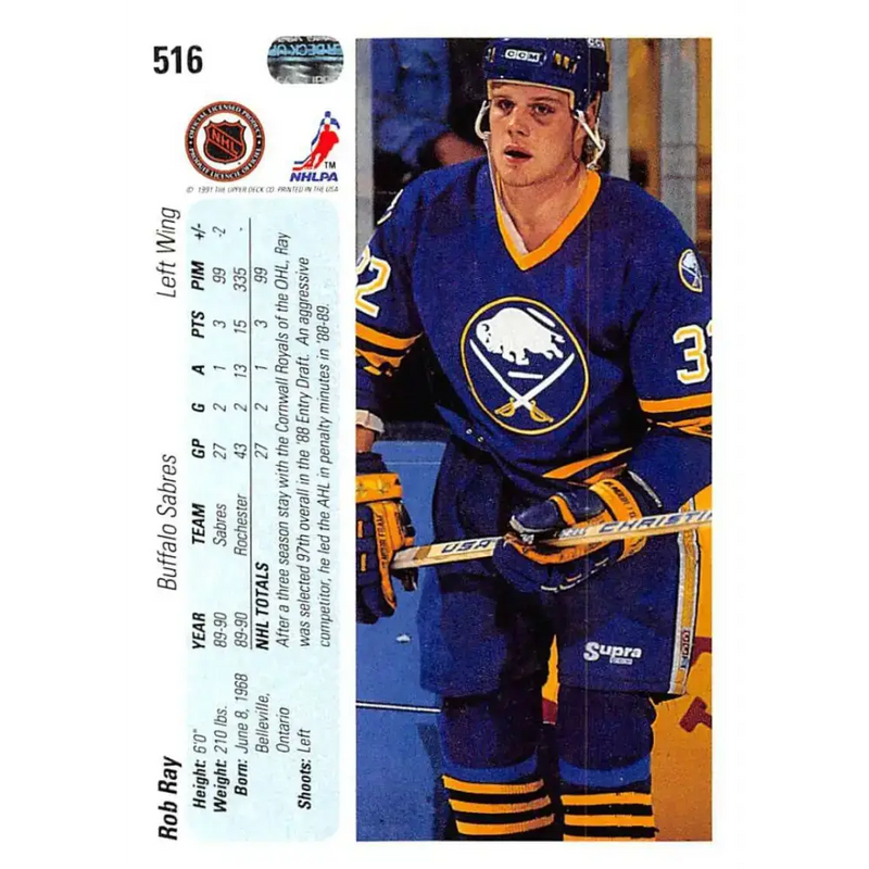 1990-91 Upper Deck #516 Robert Ray NM-MT RC Rookie Buffalo Sabres Hockey Card - Hockey Card Single