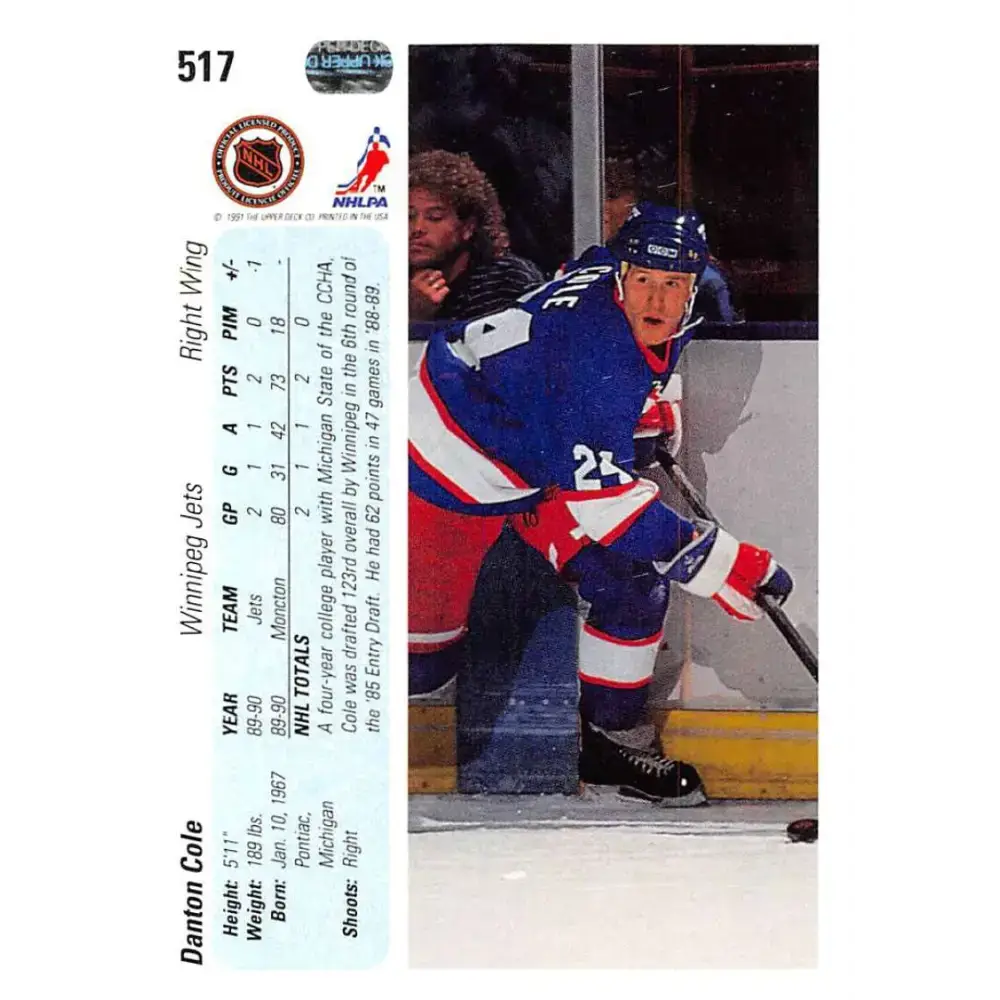 1990-91 Upper Deck #517 Danton Cole NM-MT RC Rookie Winnipeg Jets Hockey Card - Hockey Card Single