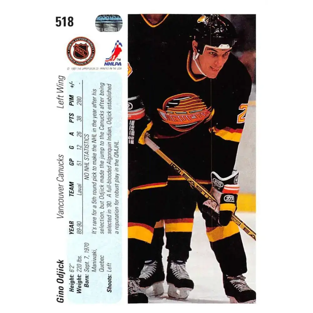 1990-91 Upper Deck #518 Gino Odjick NM-MT RC Rookie Vancouver Canucks Hockey Card