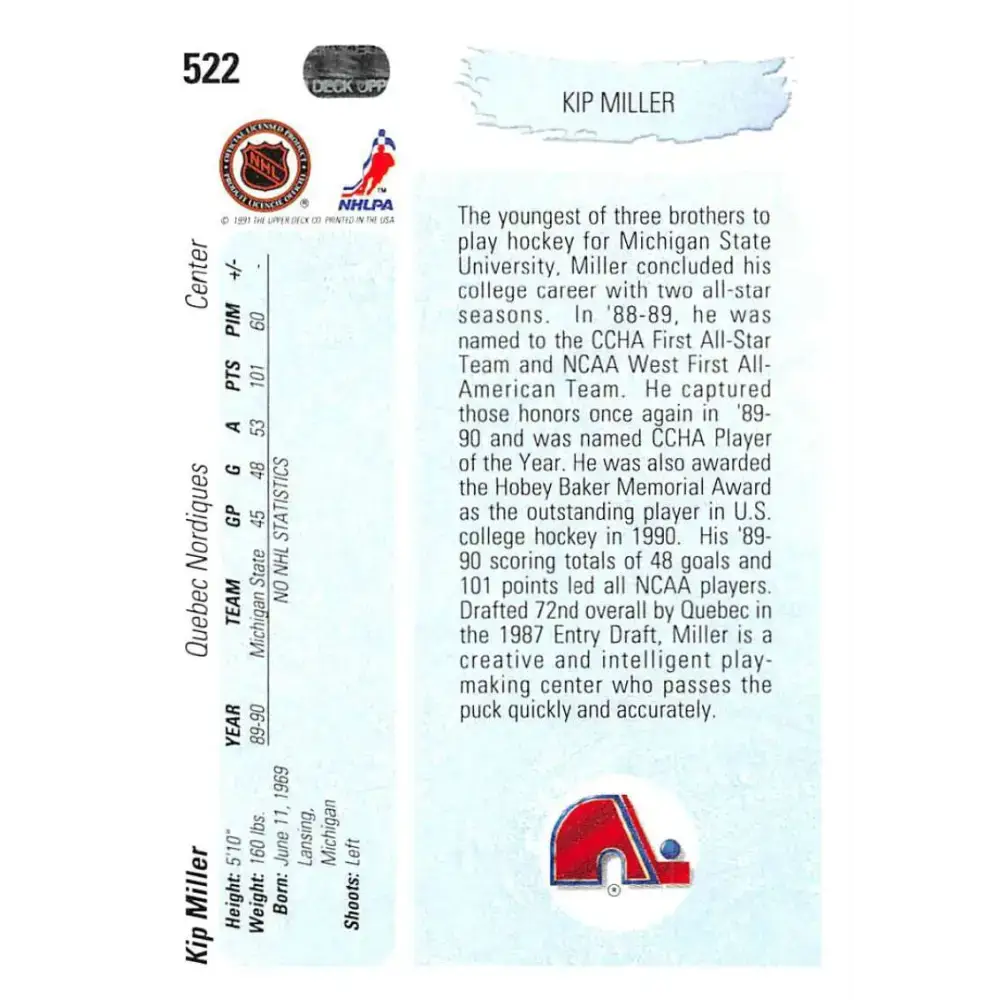 1990-91 Upper Deck #522 Kip Miller NM-MT RC Rookie Quebec Nordiques Hockey Card - Hockey Card Single