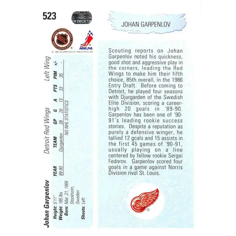 1990-91 Upper Deck #523 Johan Garpenlov NM-MT RC Rookie Detroit Red Wings Hockey Card - Hockey Card Single