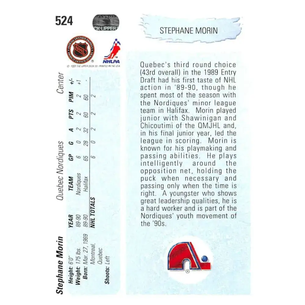 1990-91 Upper Deck #524 Stephane Morin NM-MT RC Rookie Quebec Nordiques Hockey Card - Hockey Card Single