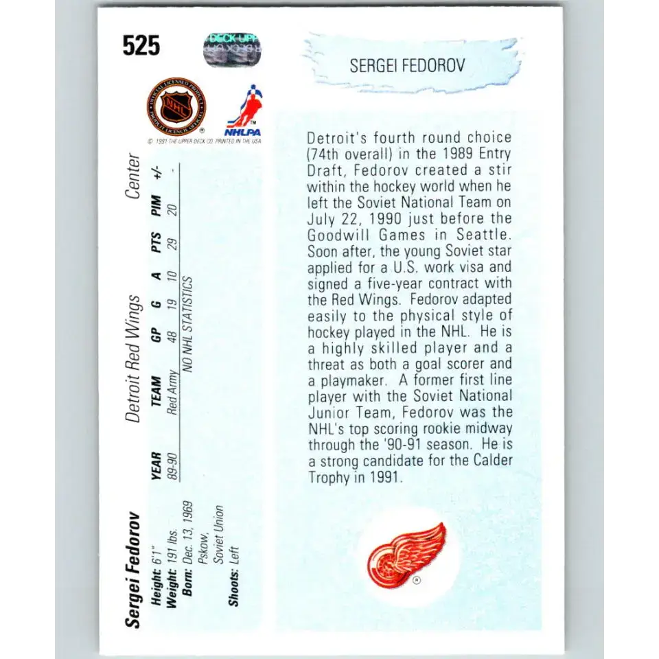 1990-91 Upper Deck #525 Sergei Fedorov NM-MT RC Rookie Detroit Red Wings Hockey Card - Hockey Card Single