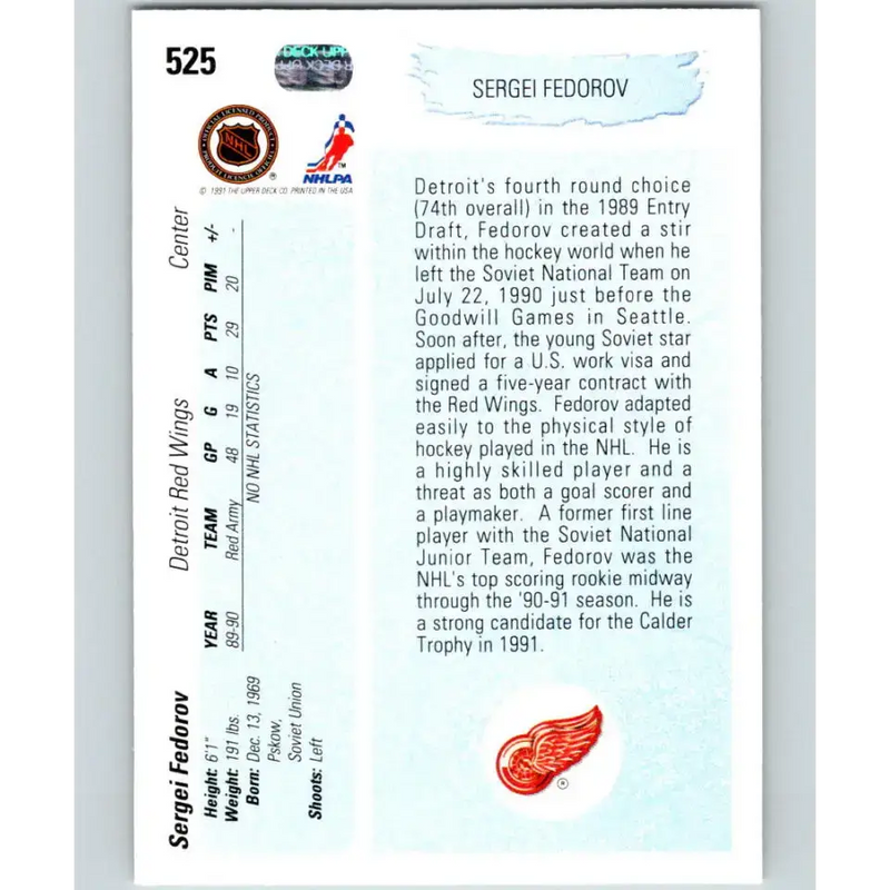 1990-91 Upper Deck #525 Sergei Fedorov NM-MT RC Rookie Detroit Red Wings Hockey Card - Hockey Card Single